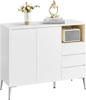 VASAGLE Sideboard, Buffet Cabinet with Doors and Height Adjustable Shelf, 3 Drawers, Open Compartment, Modern, 15.7 x 40.7 x 33.5 Inches, for Living Room, Kitchen, Study, Cloud White UBBK273W11