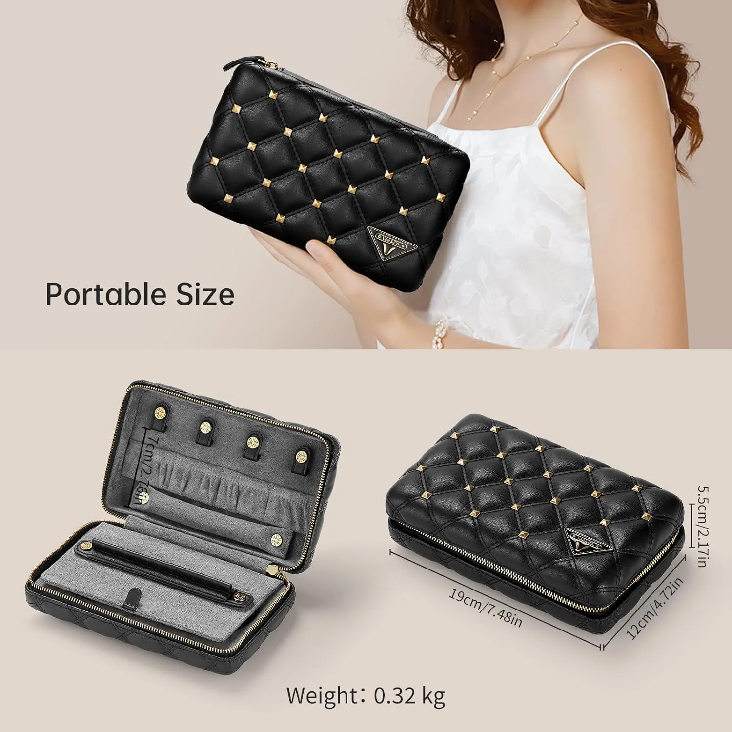Vee Travel Jewelry Box Organizer,Diamond Quilted Leather Travel Jewelry Case,Jewelry Organiser for Bracelets/Rings/Necklaces,Gift for Women and Girls (Black)