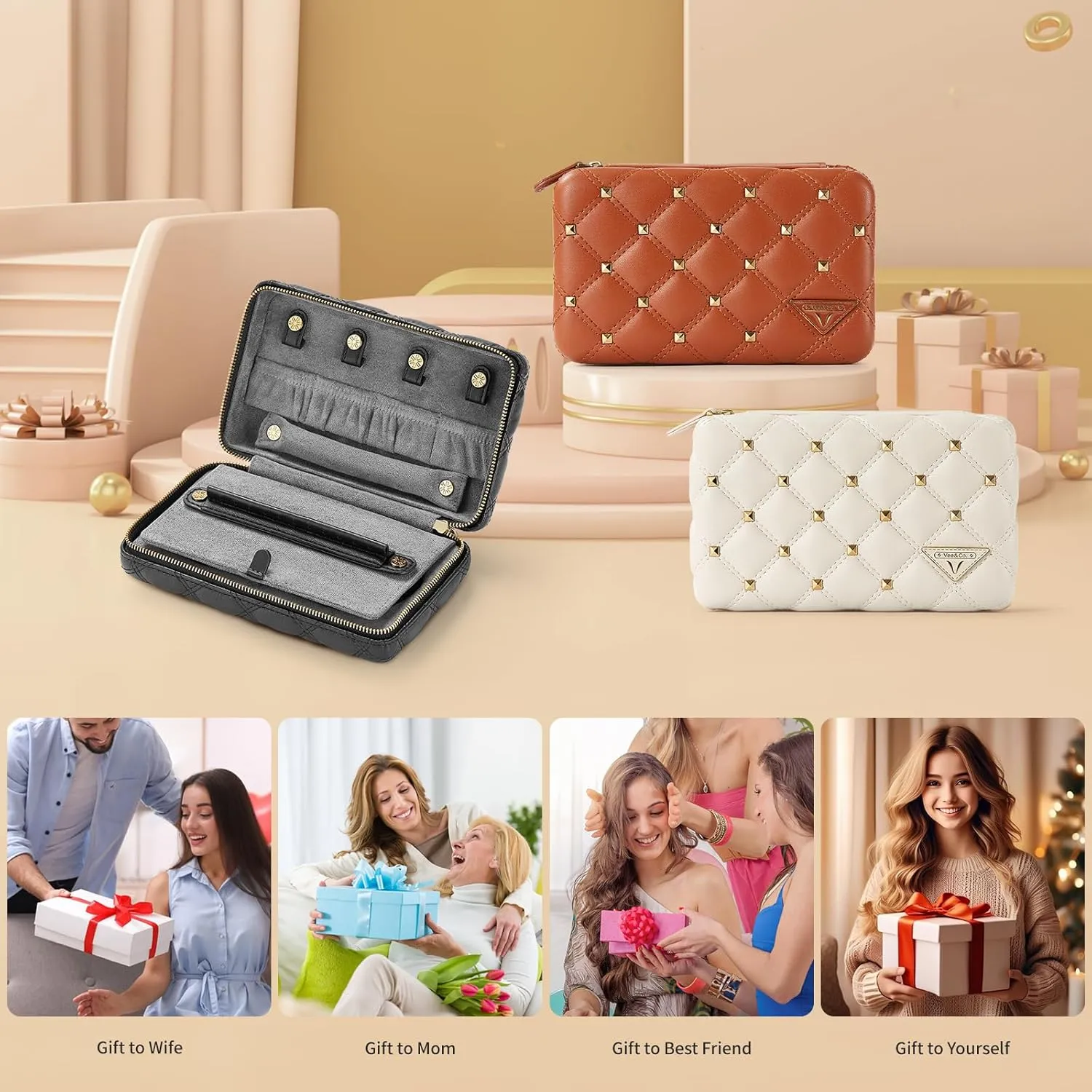 Vee Travel Jewelry Box Organizer,Diamond Quilted Leather Travel Jewelry Case,Jewelry Organiser for Bracelets/Rings/Necklaces,Gift for Women and Girls (Black)