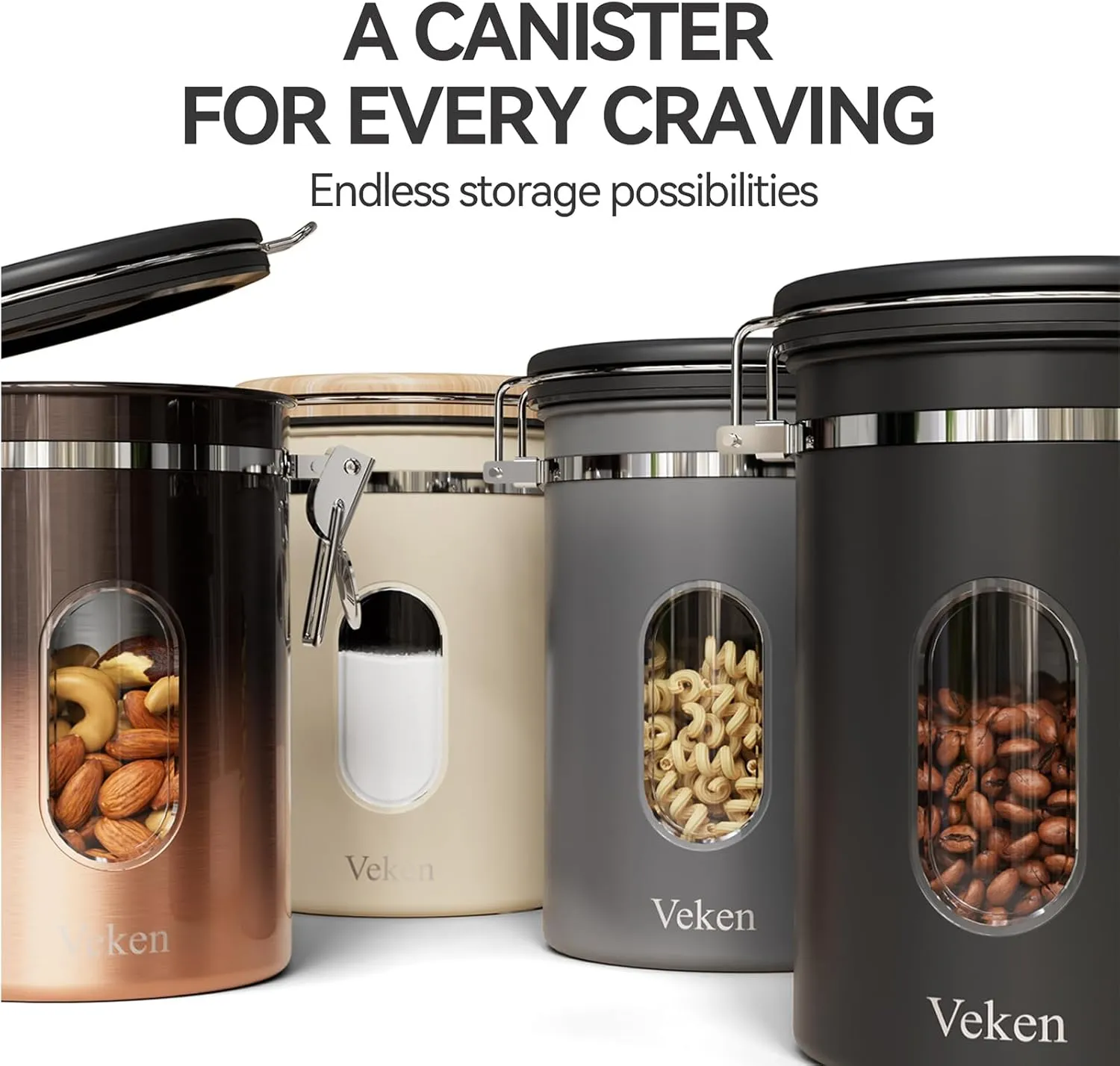 Veken Coffee Canister with Window,Coffee Bar Accessories,Airtight Stainless Steel Kitchen Food Storage Container Lover Gifts,Date Tracker and Scoop for Grounds,Beans,Tea, Sugar,Flour,Cereal,22OZ,Black