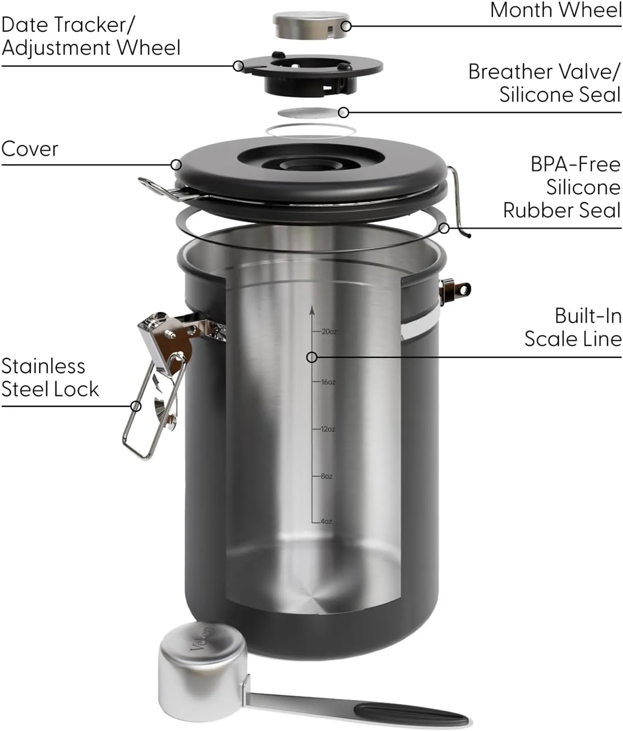 Veken Coffee Canister with Window,Coffee Bar Accessories,Airtight Stainless Steel Kitchen Food Storage Container Lover Gifts,Date Tracker and Scoop for Grounds,Beans,Tea, Sugar,Flour,Cereal,22OZ,Black