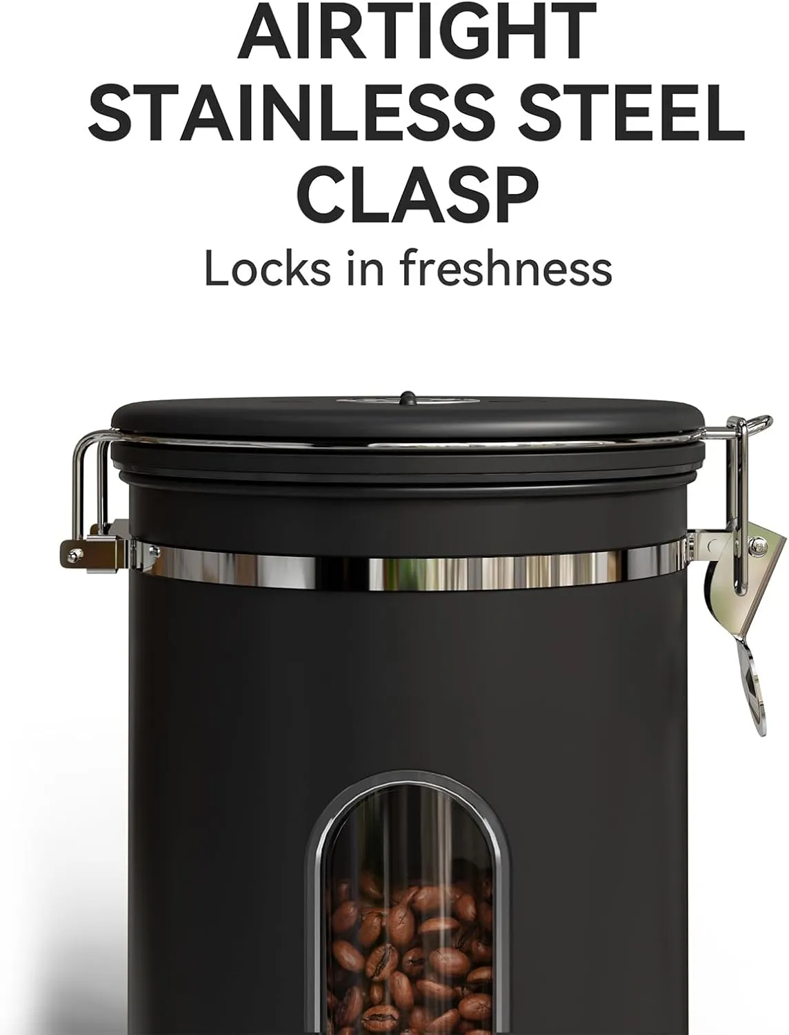 Veken Coffee Canister with Window,Coffee Bar Accessories,Airtight Stainless Steel Kitchen Food Storage Container Lover Gifts,Date Tracker and Scoop for Grounds,Beans,Tea, Sugar,Flour,Cereal,22OZ,Black