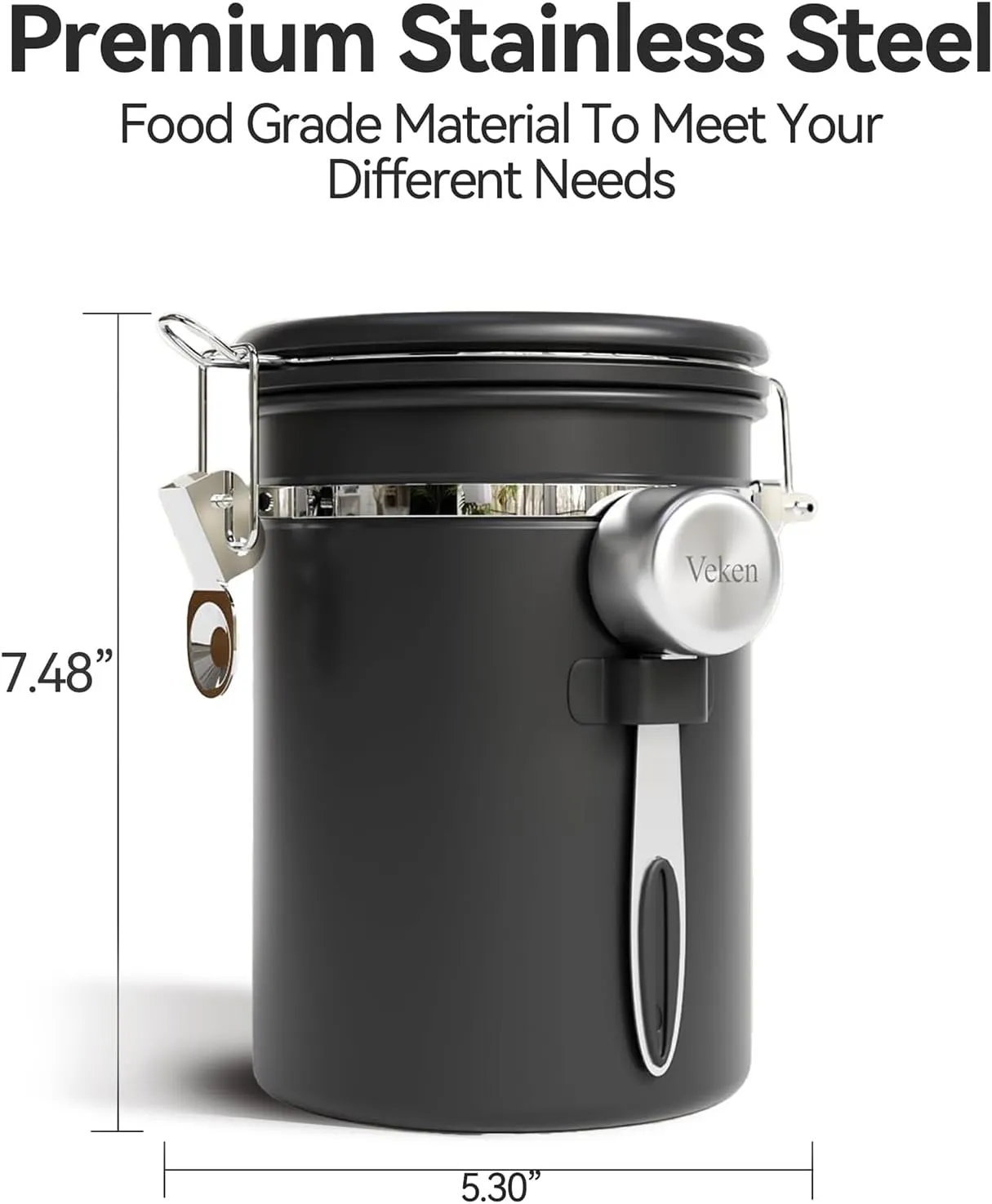 Veken Coffee Canister with Window,Coffee Bar Accessories,Airtight Stainless Steel Kitchen Food Storage Container Lover Gifts,Date Tracker and Scoop for Grounds,Beans,Tea, Sugar,Flour,Cereal,22OZ,Black