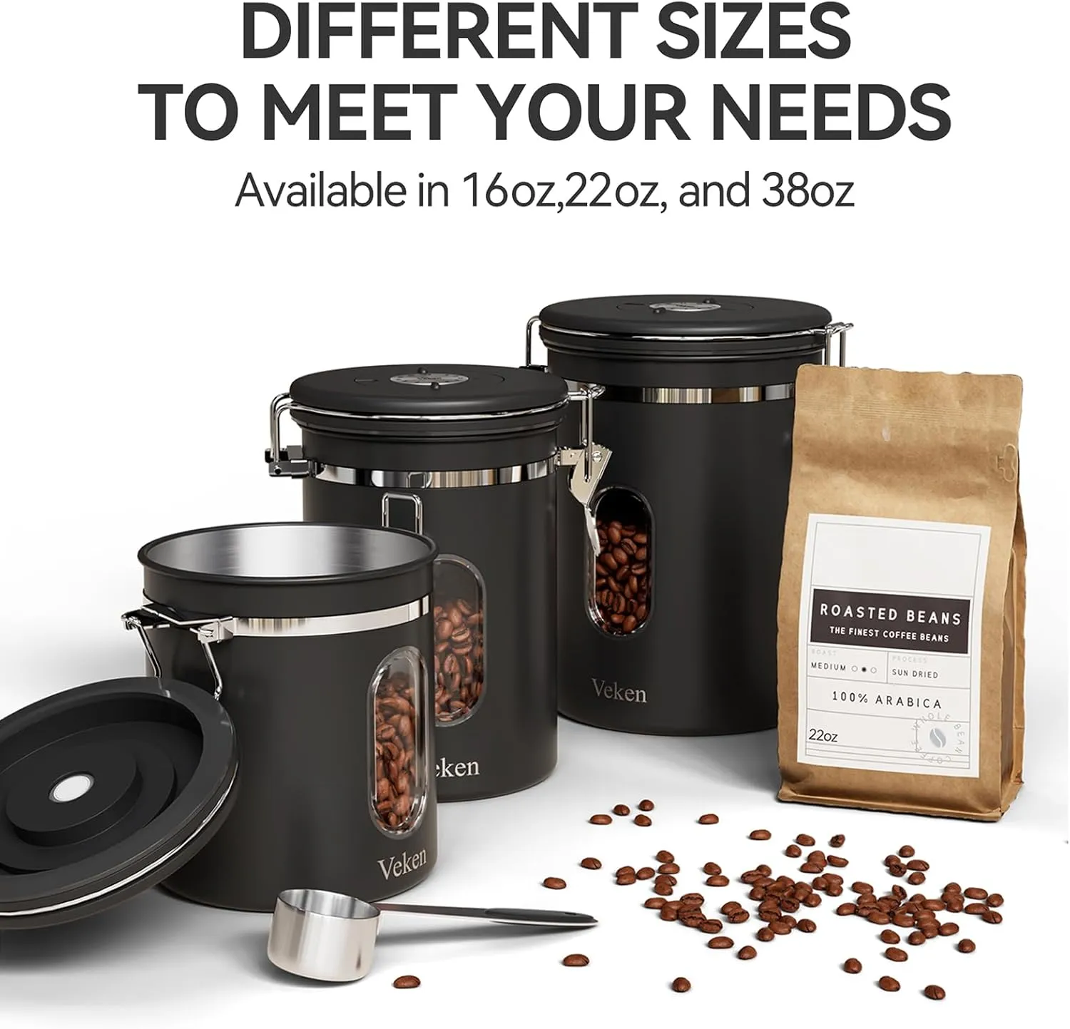 Veken Coffee Canister with Window,Coffee Bar Accessories,Airtight Stainless Steel Kitchen Food Storage Container Lover Gifts,Date Tracker and Scoop for Grounds,Beans,Tea, Sugar,Flour,Cereal,22OZ,Black