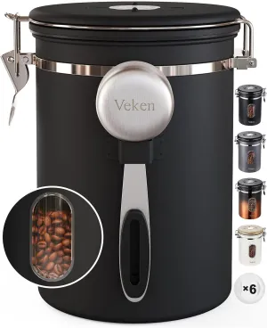 Veken Coffee Canister with Window,Coffee Bar Accessories,Airtight Stainless Steel Kitchen Food Storage Container Lover Gifts,Date Tracker and Scoop for Grounds,Beans,Tea, Sugar,Flour,Cereal,22OZ,Black