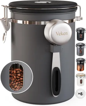 Veken Coffee Canister with Window,Gifts for Dad,Airtight Stainless Steel Kitchen Food Storage Container, Date Tracker & Scoop for Grounds Coffee, Beans, Tea, Flour, Cereal,Sugar,22OZ,Grey