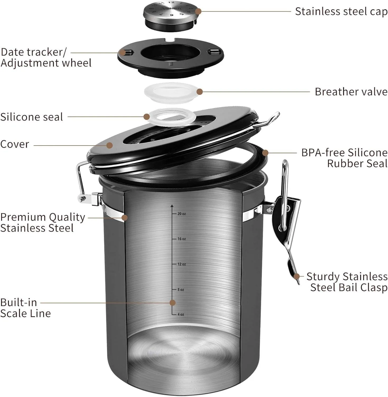 Veken Coffee Canister with Window,Gifts for Dad,Airtight Stainless Steel Kitchen Food Storage Container, Date Tracker & Scoop for Grounds Coffee, Beans, Tea, Flour, Cereal,Sugar,22OZ,Grey