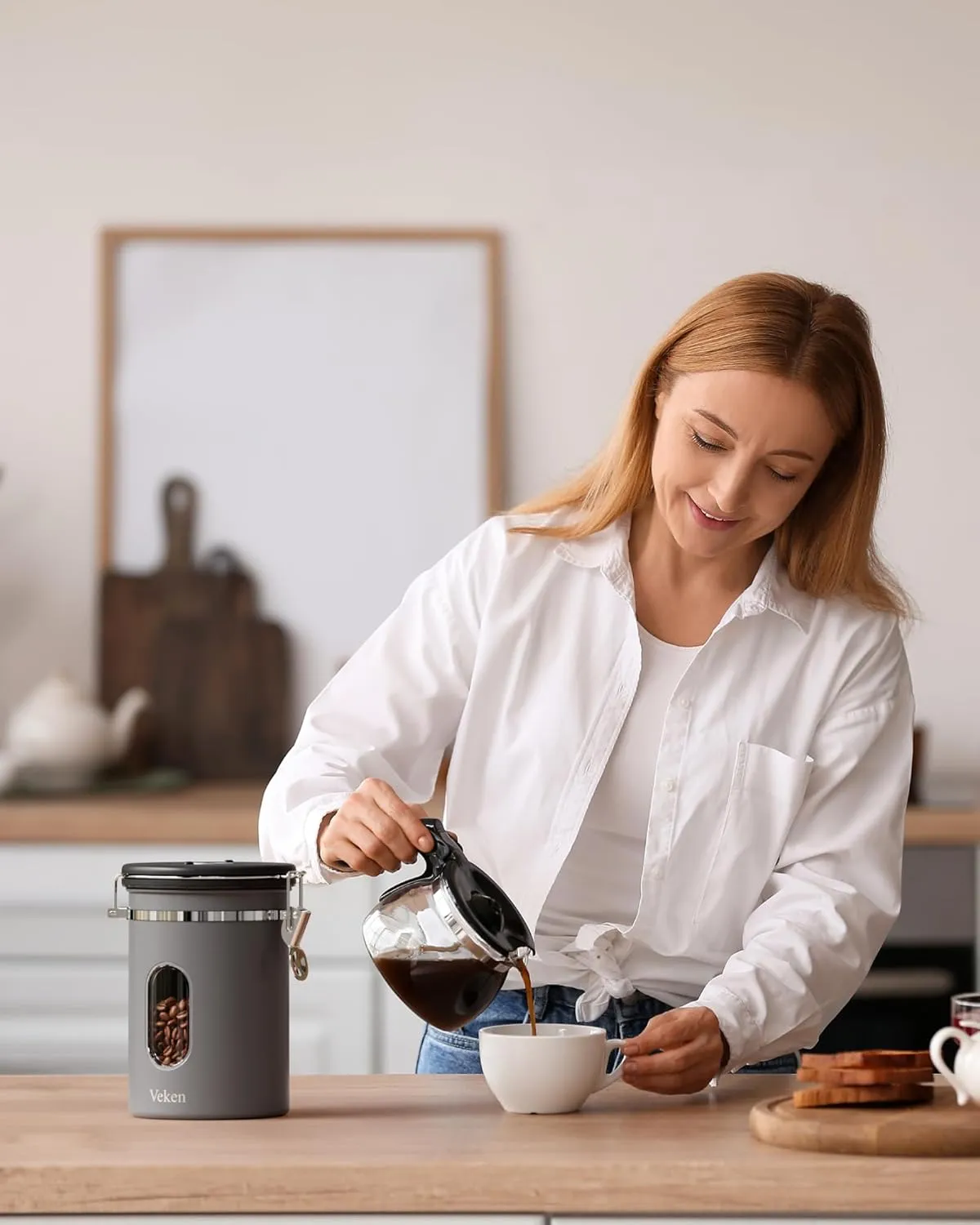 Veken Coffee Canister with Window,Gifts for Dad,Airtight Stainless Steel Kitchen Food Storage Container, Date Tracker & Scoop for Grounds Coffee, Beans, Tea, Flour, Cereal,Sugar,22OZ,Grey