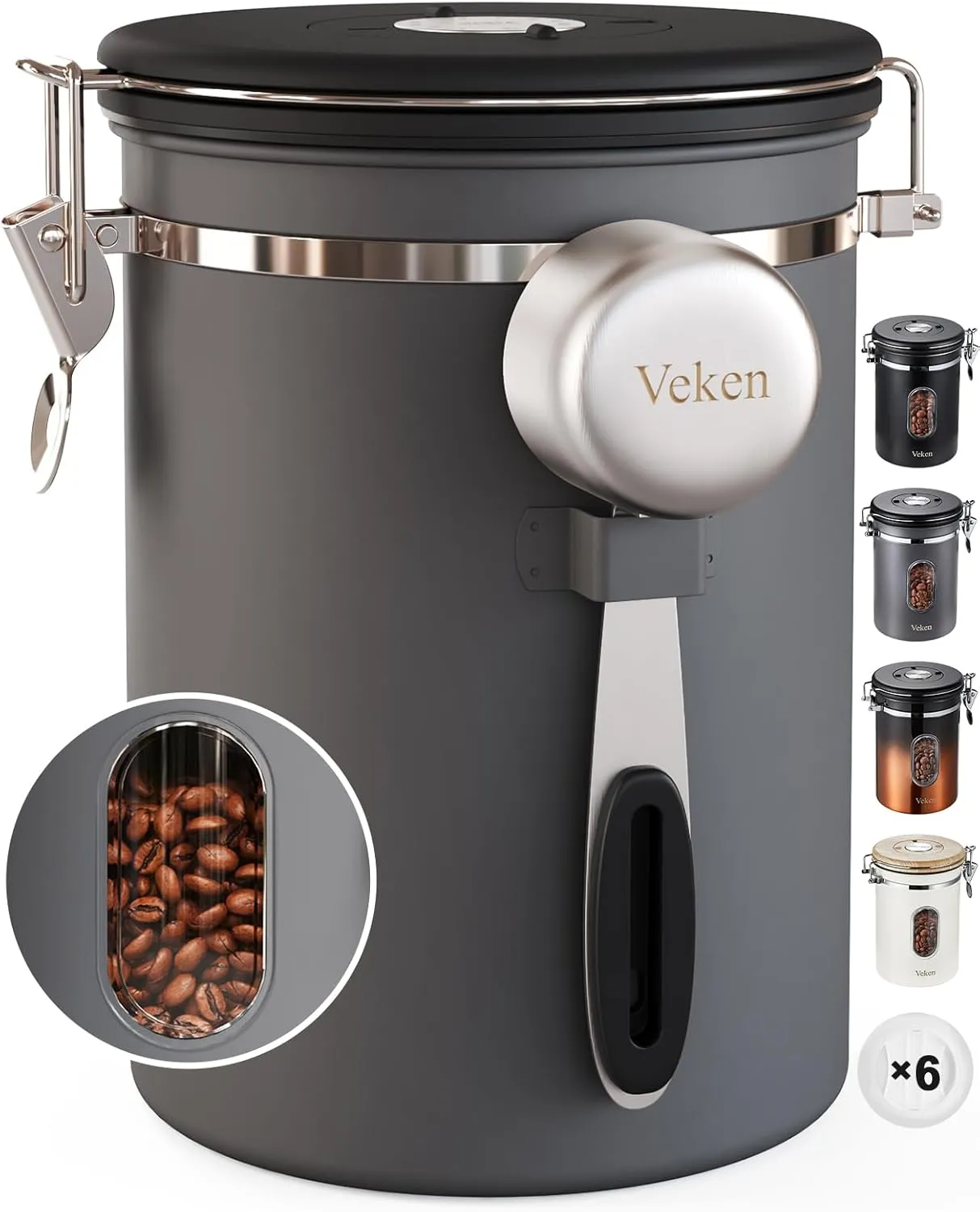 Veken Coffee Canister with Window,Gifts for Dad,Airtight Stainless Steel Kitchen Food Storage Container, Date Tracker & Scoop for Grounds Coffee, Beans, Tea, Flour, Cereal,Sugar,22OZ,Grey