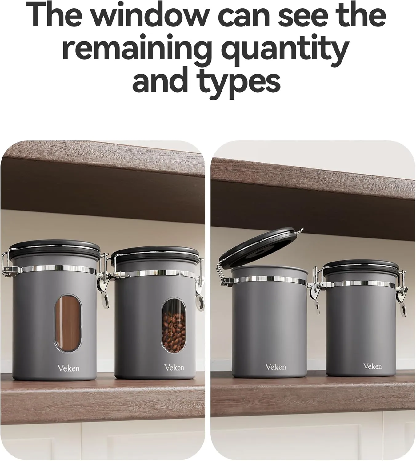 Veken Coffee Canister with Window,Gifts for Dad,Airtight Stainless Steel Kitchen Food Storage Container, Date Tracker & Scoop for Grounds Coffee, Beans, Tea, Flour, Cereal,Sugar,22OZ,Grey