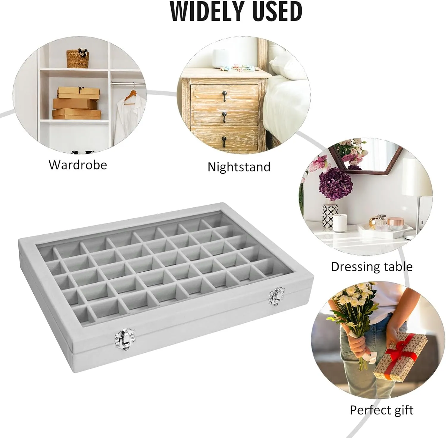 Velvet Jewelry Tray 48 Compartments Jewelry Display Organizer with Transparent Cover Rings, Earrings, Necklaces, Pendants Storage Box for Girls, Wives, Mothers, Women
