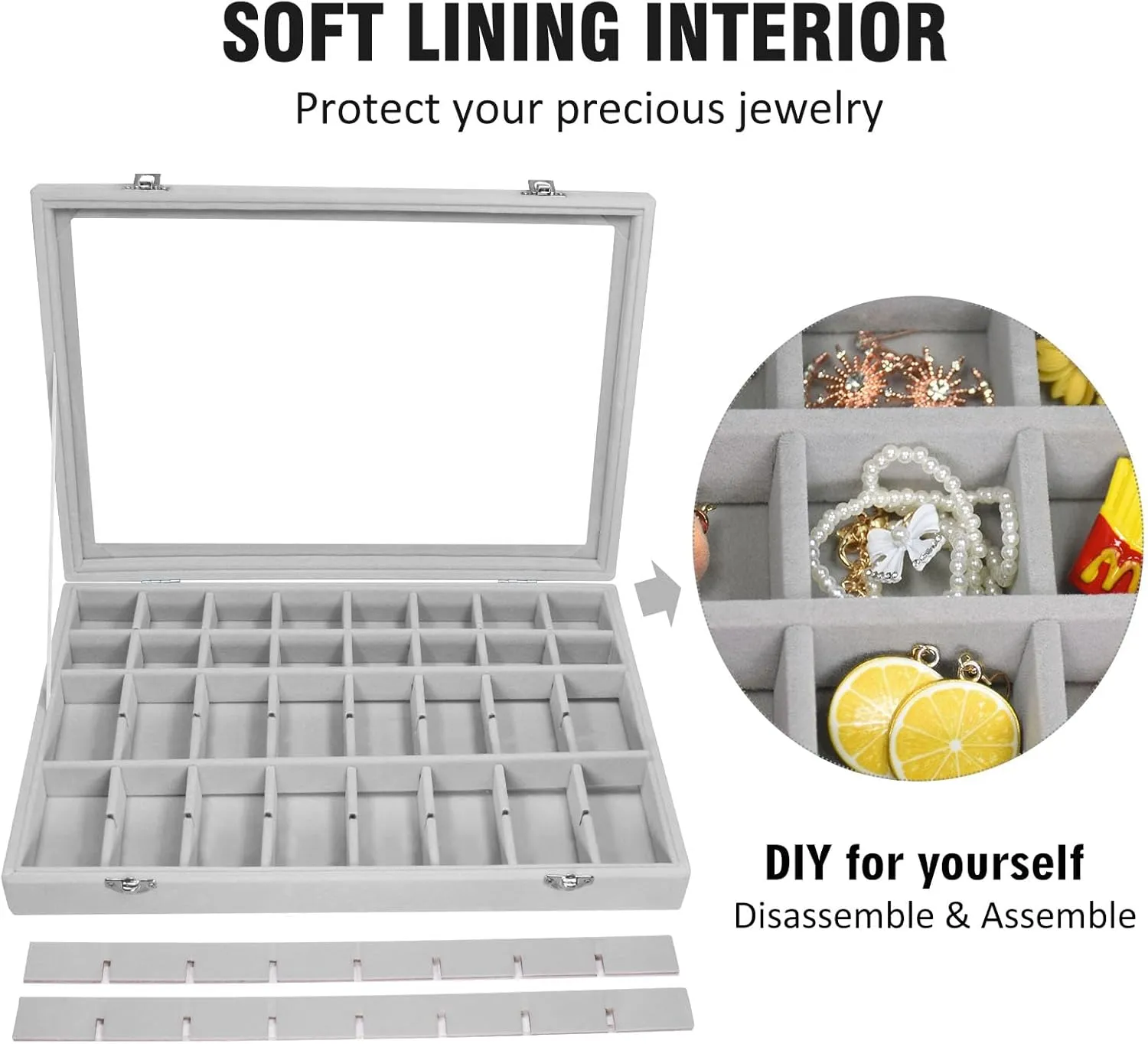 Velvet Jewelry Tray 48 Compartments Jewelry Display Organizer with Transparent Cover Rings, Earrings, Necklaces, Pendants Storage Box for Girls, Wives, Mothers, Women