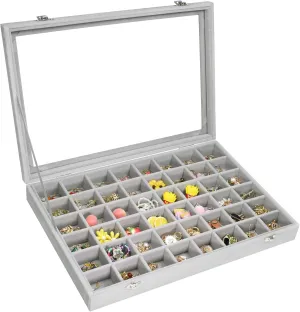 Velvet Jewelry Tray 48 Compartments Jewelry Display Organizer with Transparent Cover Rings, Earrings, Necklaces, Pendants Storage Box for Girls, Wives, Mothers, Women