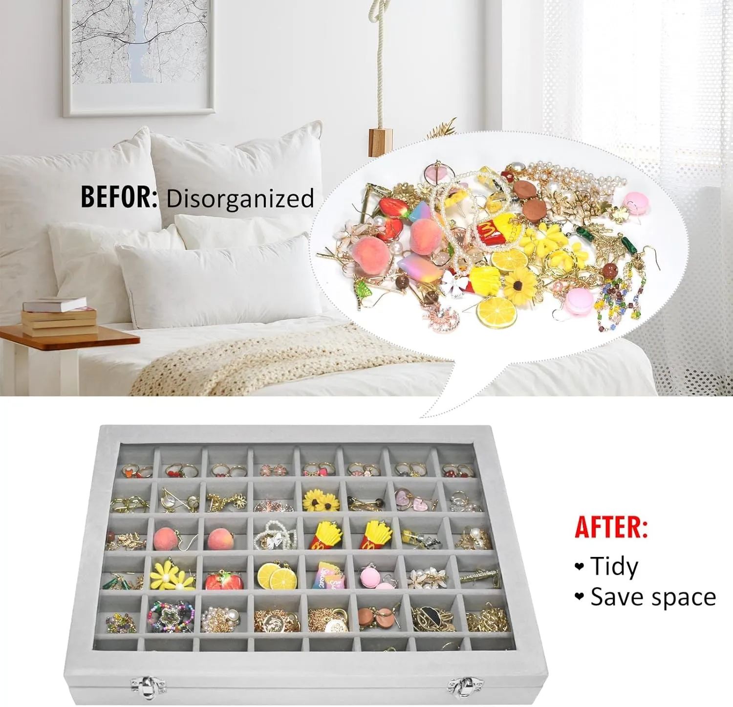 Velvet Jewelry Tray 48 Compartments Jewelry Display Organizer with Transparent Cover Rings, Earrings, Necklaces, Pendants Storage Box for Girls, Wives, Mothers, Women