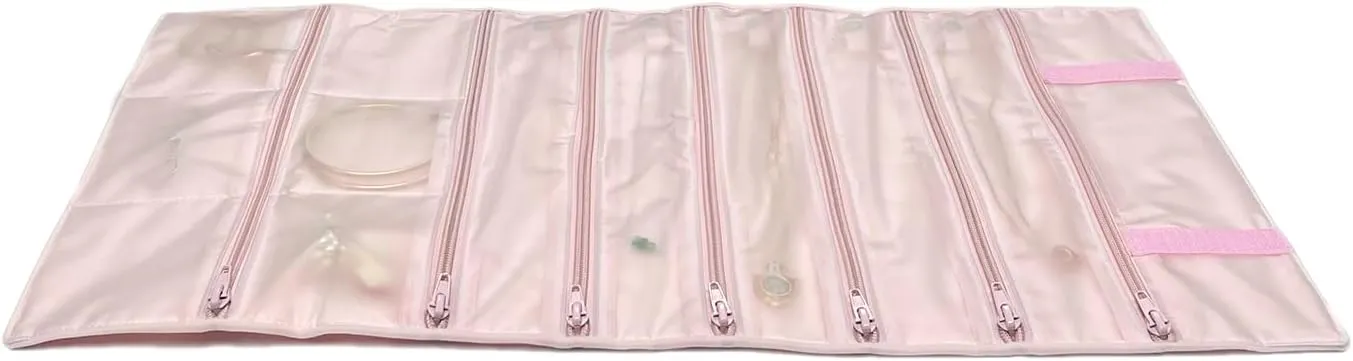 Velvet Travel Jewelry Case Roll Bag Organizer for Necklace Bracelet Earrings Ring, 11 Zipped Grids with Necklace Button, PVC Cover, Pink