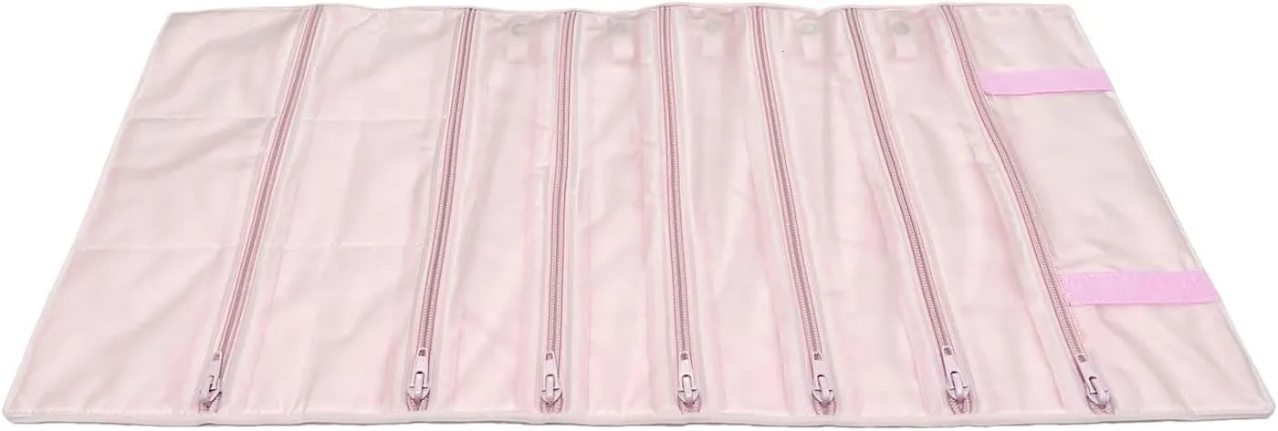 Velvet Travel Jewelry Case Roll Bag Organizer for Necklace Bracelet Earrings Ring, 11 Zipped Grids with Necklace Button, PVC Cover, Pink