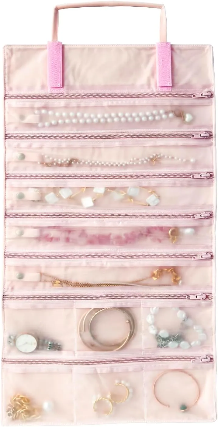 Velvet Travel Jewelry Case Roll Bag Organizer for Necklace Bracelet Earrings Ring, 11 Zipped Grids with Necklace Button, PVC Cover, Pink