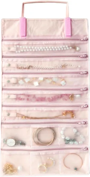 Velvet Travel Jewelry Case Roll Bag Organizer for Necklace Bracelet Earrings Ring, 11 Zipped Grids with Necklace Button, PVC Cover, Pink