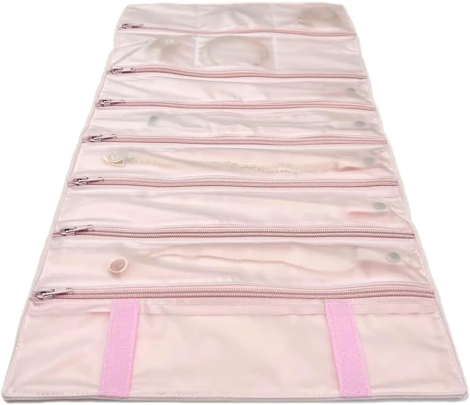 Velvet Travel Jewelry Case Roll Bag Organizer for Necklace Bracelet Earrings Ring, 11 Zipped Grids with Necklace Button, PVC Cover, Pink