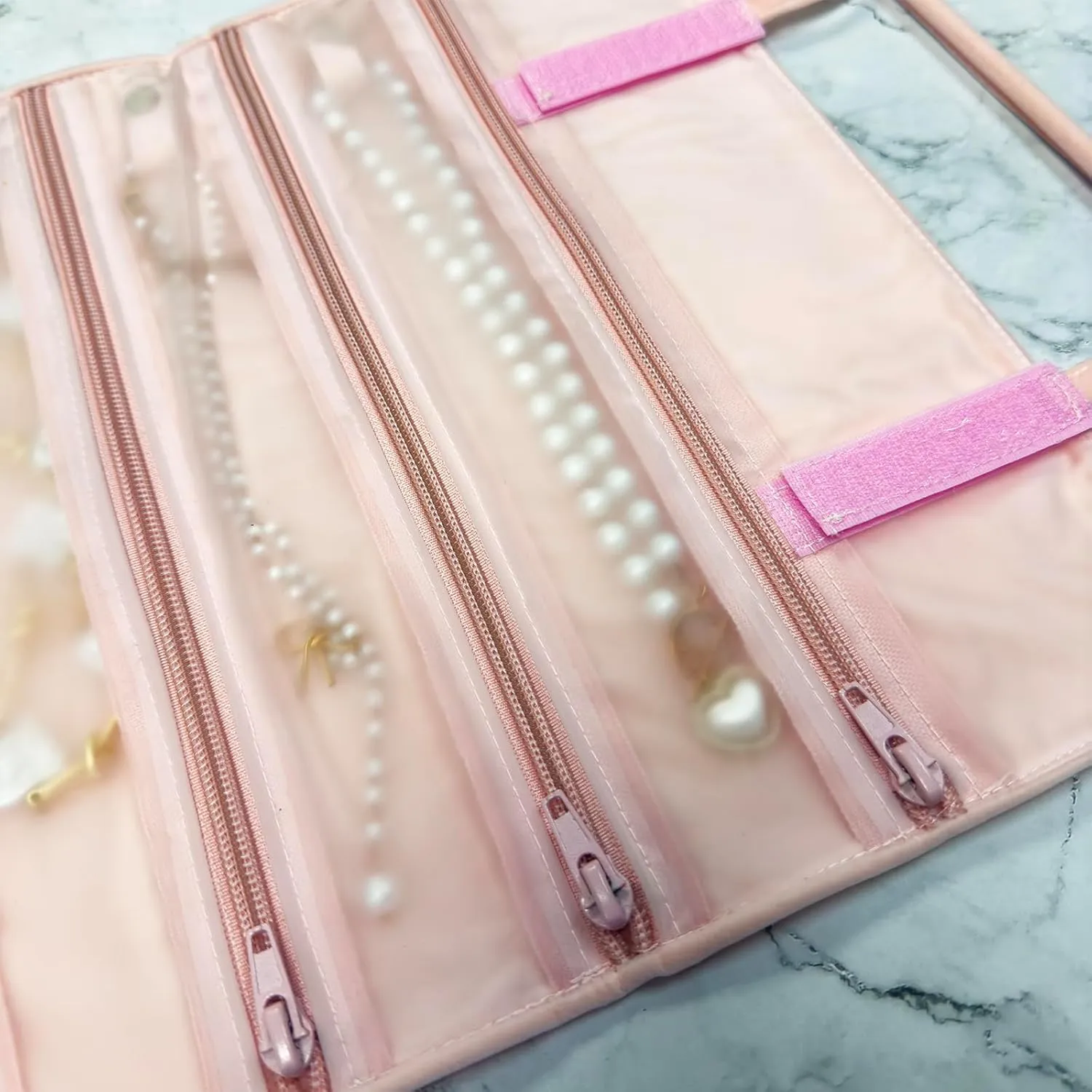 Velvet Travel Jewelry Case Roll Bag Organizer for Necklace Bracelet Earrings Ring, 11 Zipped Grids with Necklace Button, PVC Cover, Pink