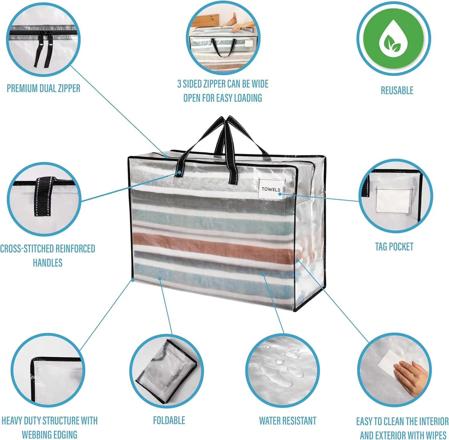 VENO 6 Pack Heavy Duty Moving Bags, Storage Bags, Packing Supplies, Top Zipper, Storage Totes for Camping, Clothes, Bedding, Comforters, Pillows (27 Gallon Clear, 6 Pack)