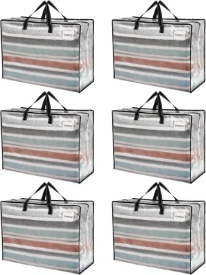 VENO 6 Pack Heavy Duty Moving Bags, Storage Bags, Packing Supplies, Top Zipper, Storage Totes for Camping, Clothes, Bedding, Comforters, Pillows (27 Gallon Clear, 6 Pack)
