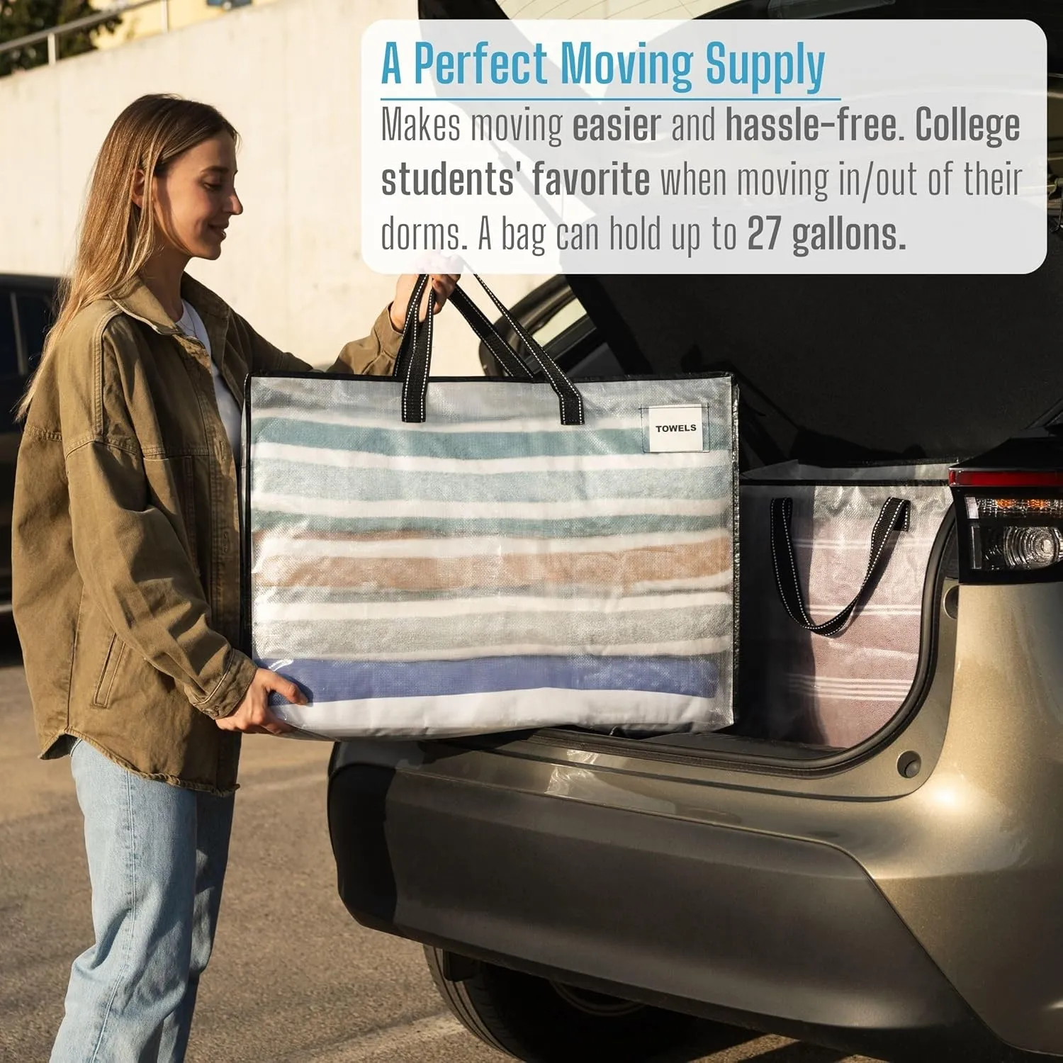 VENO 6 Pack Heavy Duty Moving Bags, Storage Bags, Packing Supplies, Top Zipper, Storage Totes for Camping, Clothes, Bedding, Comforters, Pillows (27 Gallon Clear, 6 Pack)