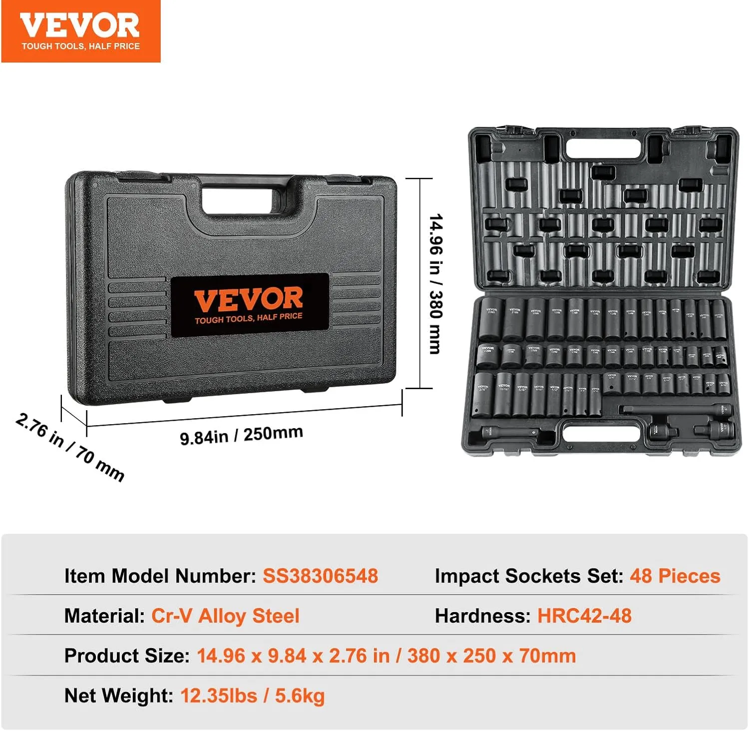 VEVOR 3/8" Drive Impact Socket Set, 48 Piece Socket Set SAE 5/16" -3/4" and Metric 8-22mm, 6 Point Cr-V Alloy Steel for Auto Repair, Easy-to-Read Markings, Rugged Construction, Includes Storage Case