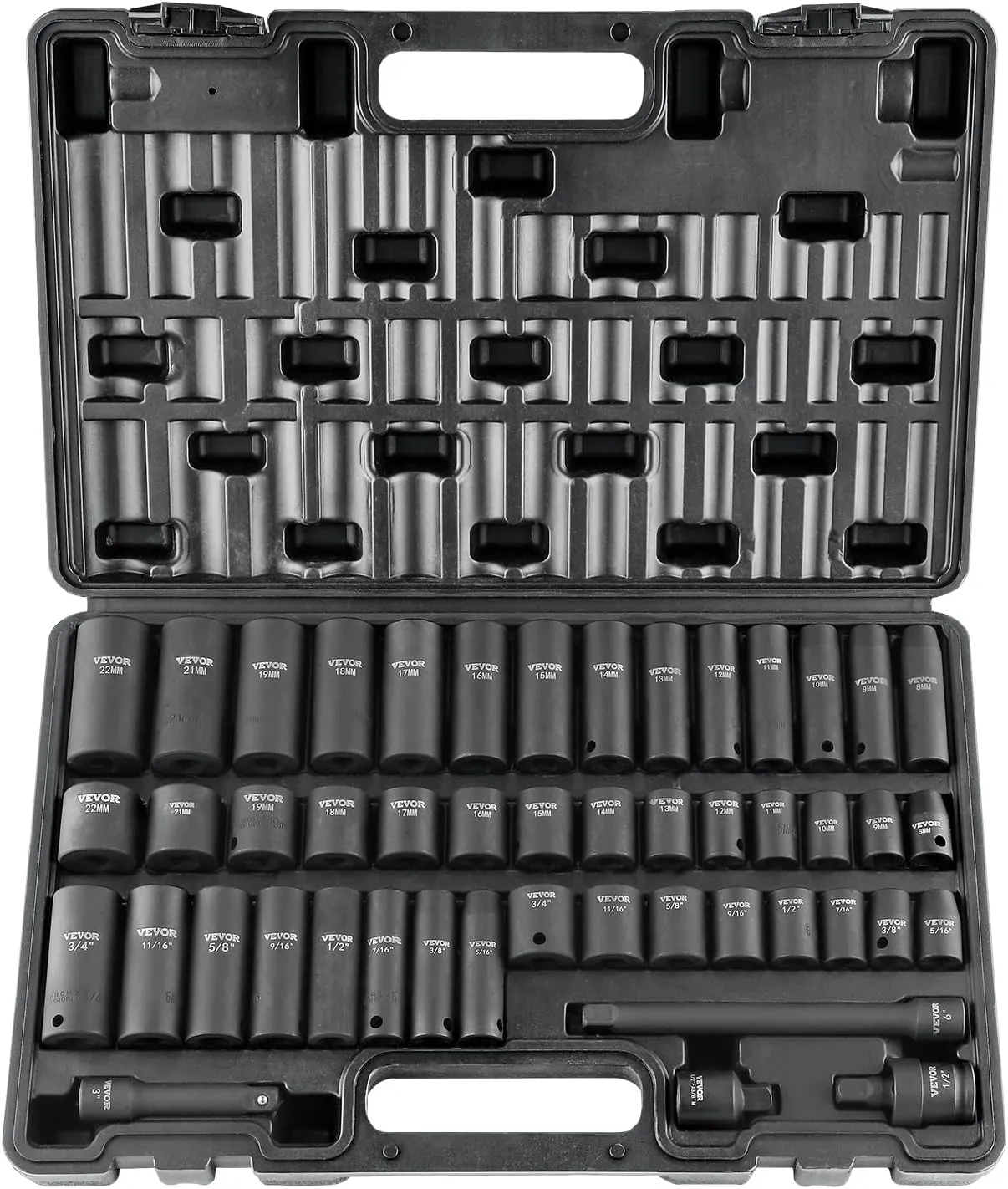 VEVOR 3/8" Drive Impact Socket Set, 48 Piece Socket Set SAE 5/16" -3/4" and Metric 8-22mm, 6 Point Cr-V Alloy Steel for Auto Repair, Easy-to-Read Markings, Rugged Construction, Includes Storage Case