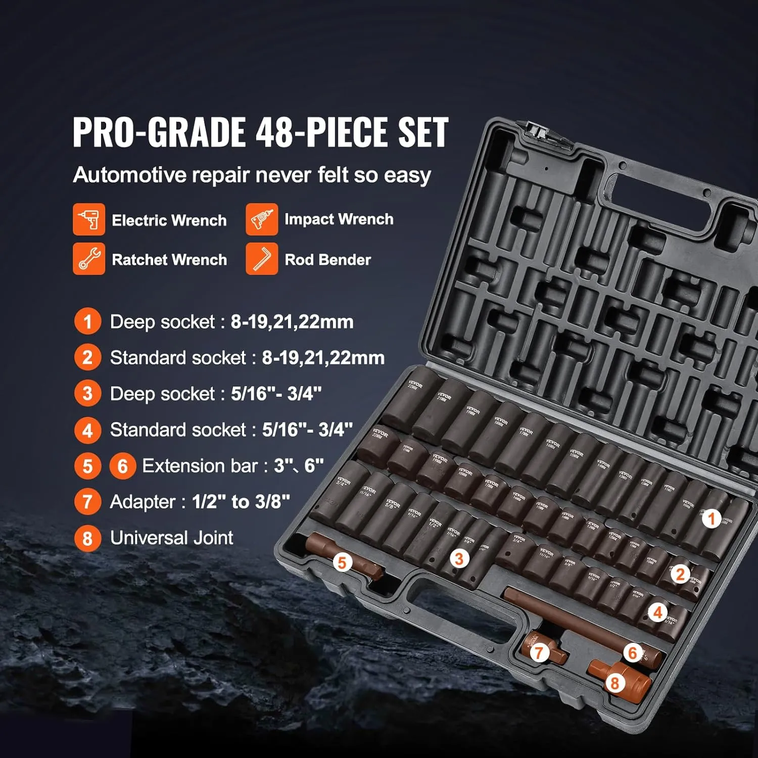 VEVOR 3/8" Drive Impact Socket Set, 48 Piece Socket Set SAE 5/16" -3/4" and Metric 8-22mm, 6 Point Cr-V Alloy Steel for Auto Repair, Easy-to-Read Markings, Rugged Construction, Includes Storage Case
