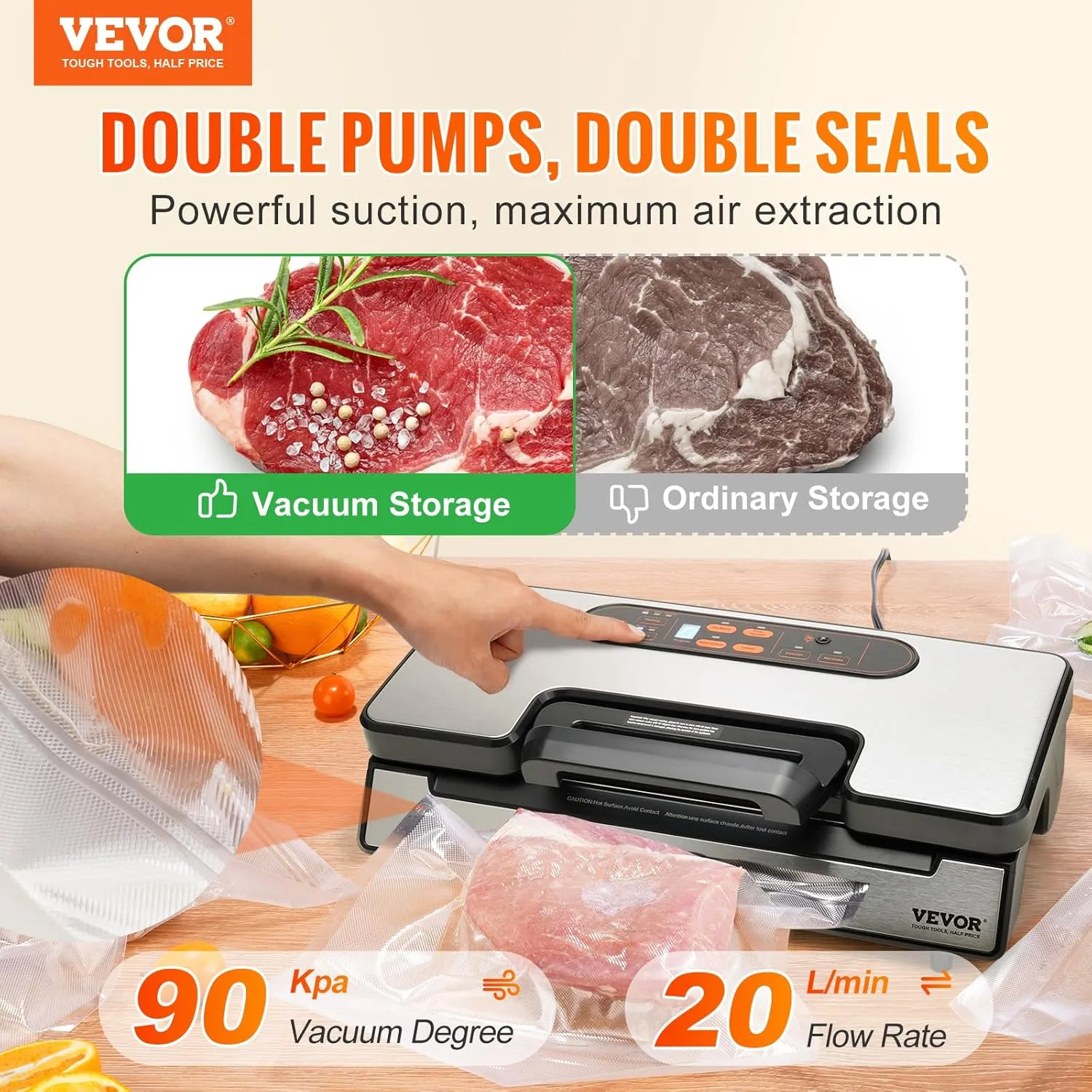VEVOR Vacuum Sealer Machine, Food Sealer Machine，Dry and Moist Food Storage, Automatic and Manual Air Sealing System with Built-in Cutter, with Seal Bag， External Hose 90Kpa 130W Powerful Dual Pump