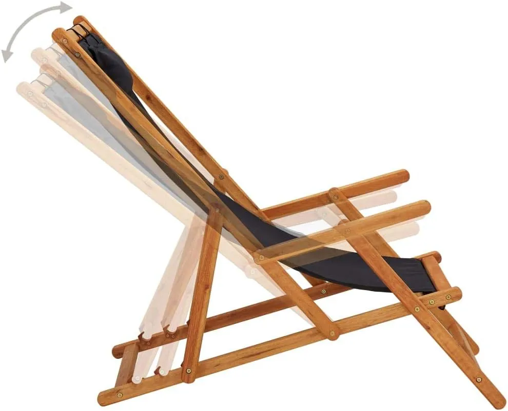 vidaXL Foldable Beach Chair - Solid Eucalyptus Wood and Durable Fabric – 3 Reclining Settings - Lightweight and Portable Chair Ideal for Outdoor Use, Camping and Beach Trips - Black
