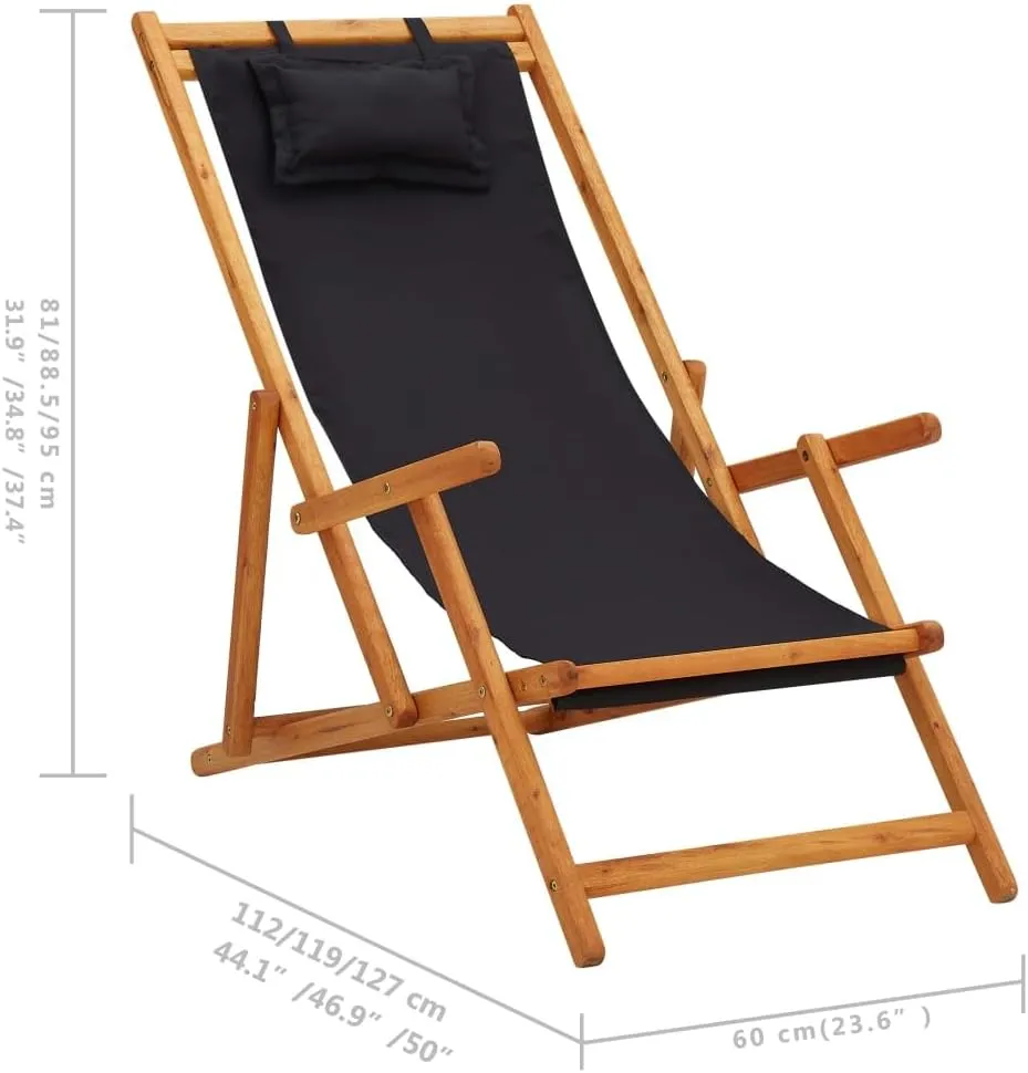 vidaXL Foldable Beach Chair - Solid Eucalyptus Wood and Durable Fabric – 3 Reclining Settings - Lightweight and Portable Chair Ideal for Outdoor Use, Camping and Beach Trips - Black