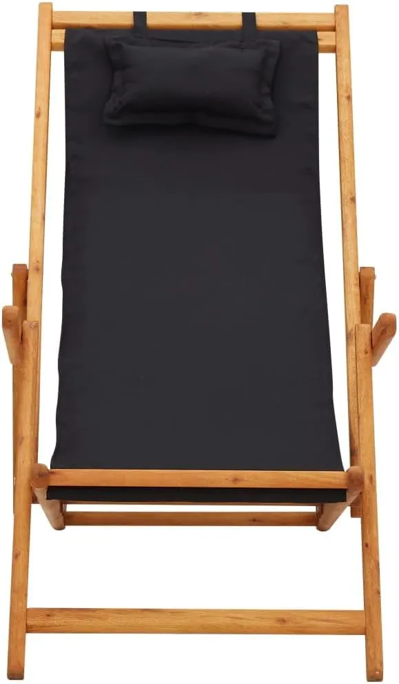 vidaXL Foldable Beach Chair - Solid Eucalyptus Wood and Durable Fabric – 3 Reclining Settings - Lightweight and Portable Chair Ideal for Outdoor Use, Camping and Beach Trips - Black