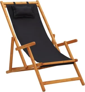 vidaXL Foldable Beach Chair - Solid Eucalyptus Wood and Durable Fabric – 3 Reclining Settings - Lightweight and Portable Chair Ideal for Outdoor Use, Camping and Beach Trips - Black