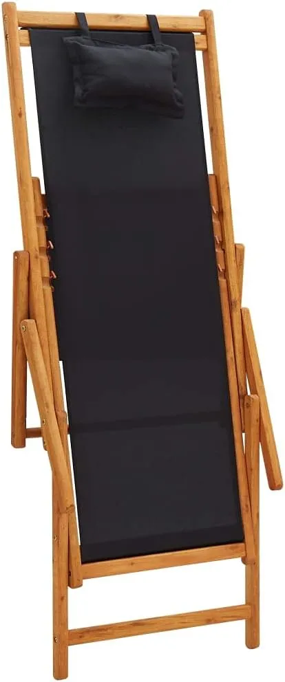 vidaXL Foldable Beach Chair - Solid Eucalyptus Wood and Durable Fabric – 3 Reclining Settings - Lightweight and Portable Chair Ideal for Outdoor Use, Camping and Beach Trips - Black