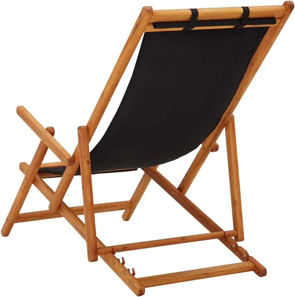 vidaXL Foldable Beach Chair - Solid Eucalyptus Wood and Durable Fabric – 3 Reclining Settings - Lightweight and Portable Chair Ideal for Outdoor Use, Camping and Beach Trips - Black