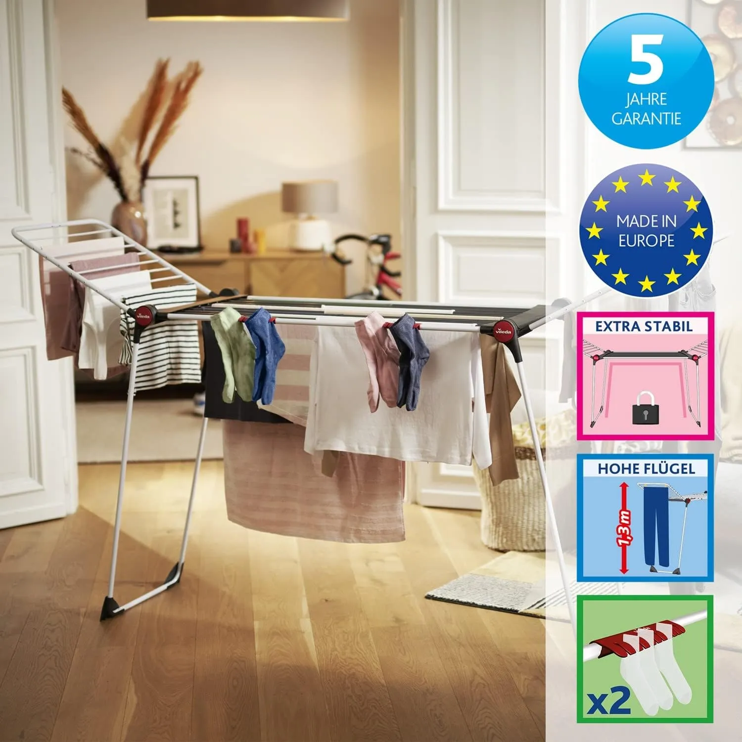 Vileda Clothes Airer, White/Black/Red, Trockenleinenlänge: 21m