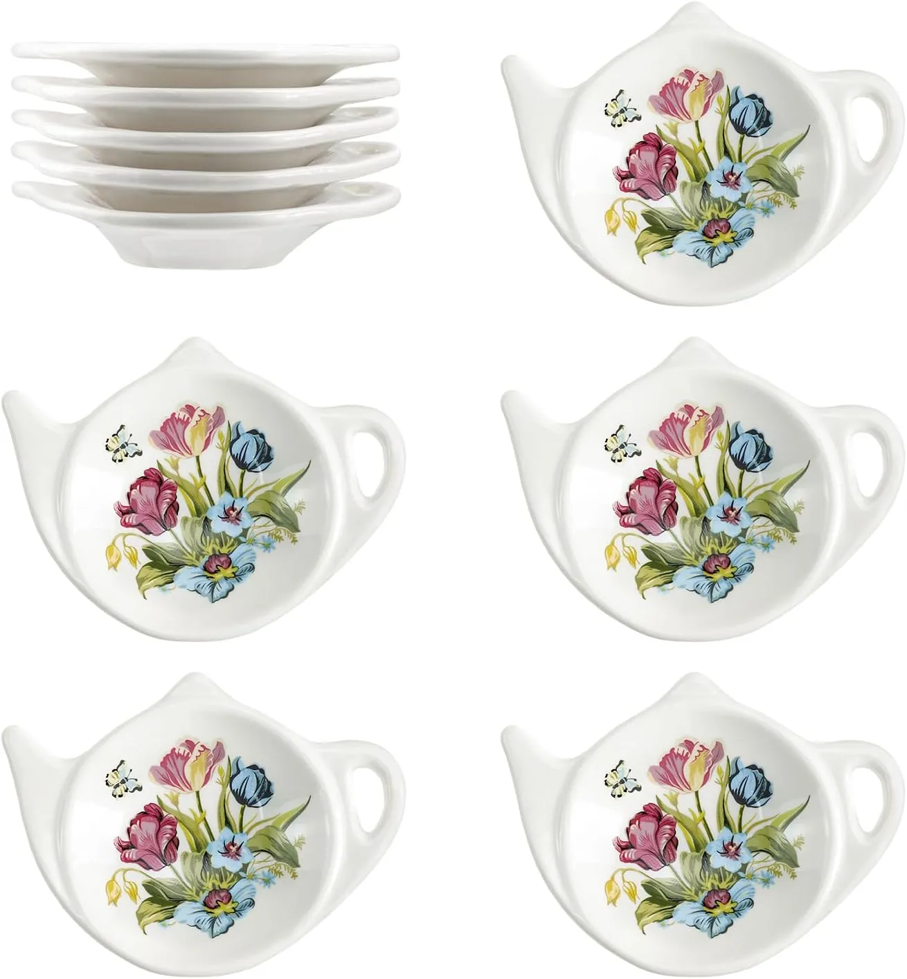 Vintage Tulip Pattern Ceramic Tea Bag Coasters Spoon Rests Teabag Resting Caddy Holder Saucer Set, Tea Coffee Accessories, Seasoning Dishes, Keep Your Tea Time Tidy and Organized