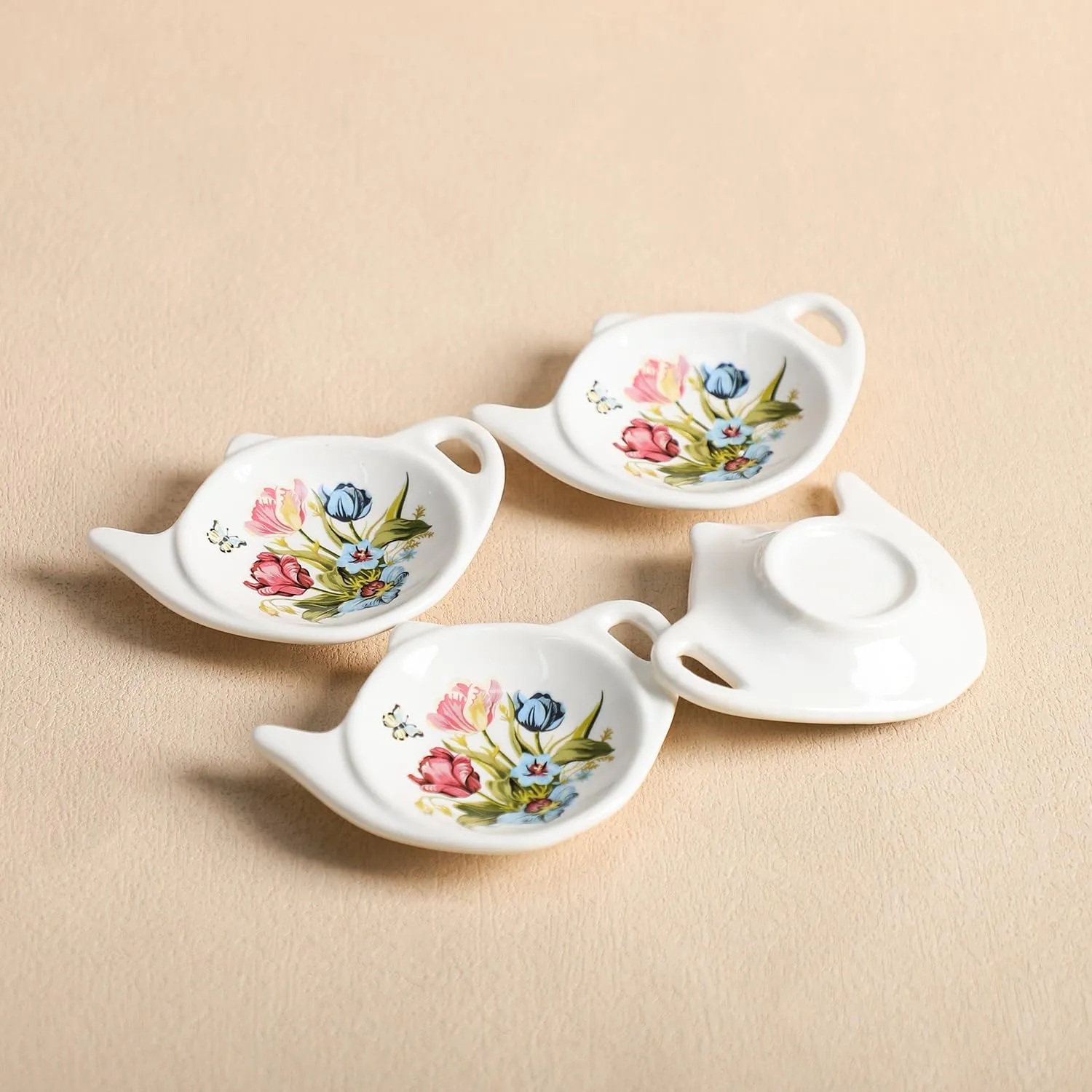 Vintage Tulip Pattern Ceramic Tea Bag Coasters Spoon Rests Teabag Resting Caddy Holder Saucer Set, Tea Coffee Accessories, Seasoning Dishes, Keep Your Tea Time Tidy and Organized