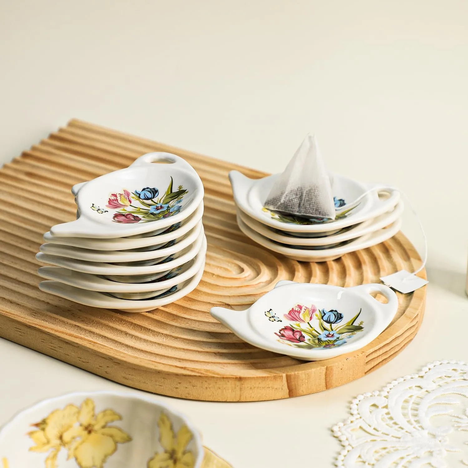 Vintage Tulip Pattern Ceramic Tea Bag Coasters Spoon Rests Teabag Resting Caddy Holder Saucer Set, Tea Coffee Accessories, Seasoning Dishes, Keep Your Tea Time Tidy and Organized