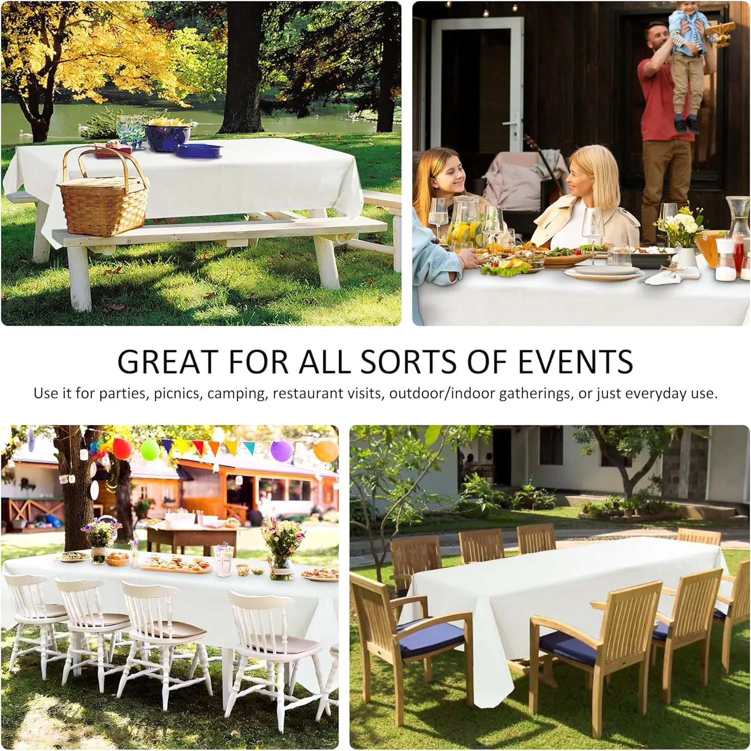 Vinyl Tablecloth with Flannel Backing-6 Pack Ivory 60x84 Inch Waterproof PEVA Table Cloth Outdoor Plastic Table Sheets-Wipeable Spillproof Oilcloth Covers for Picnic Party Camping Dining