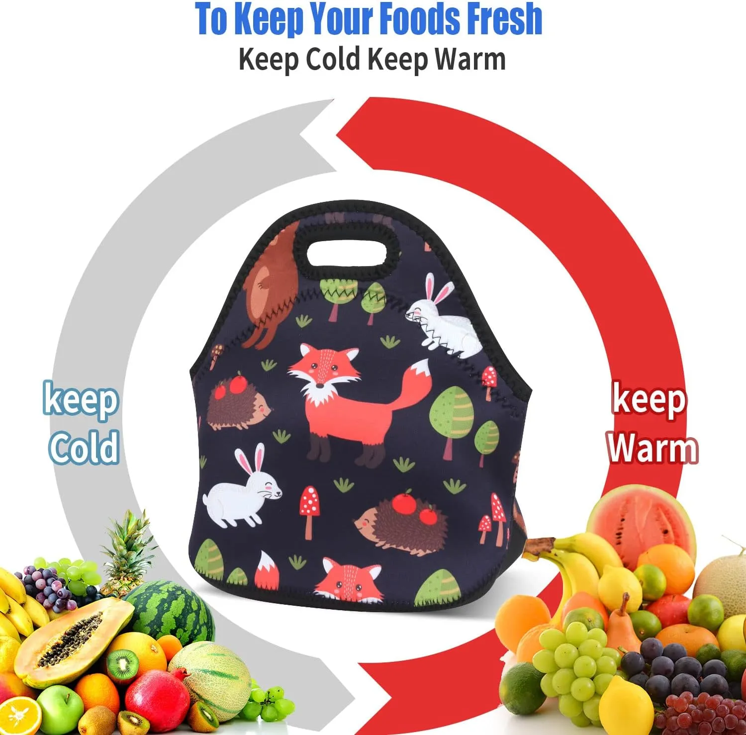 Violet Mist Neoprene Fox Lunch Bag Insulated Waterproof Lunch Bag Tote Cartoon Reusable Lunch Box Containers Food Carrying Lunch Handbag for men Women Work Thanksgiving Christmas Gifts