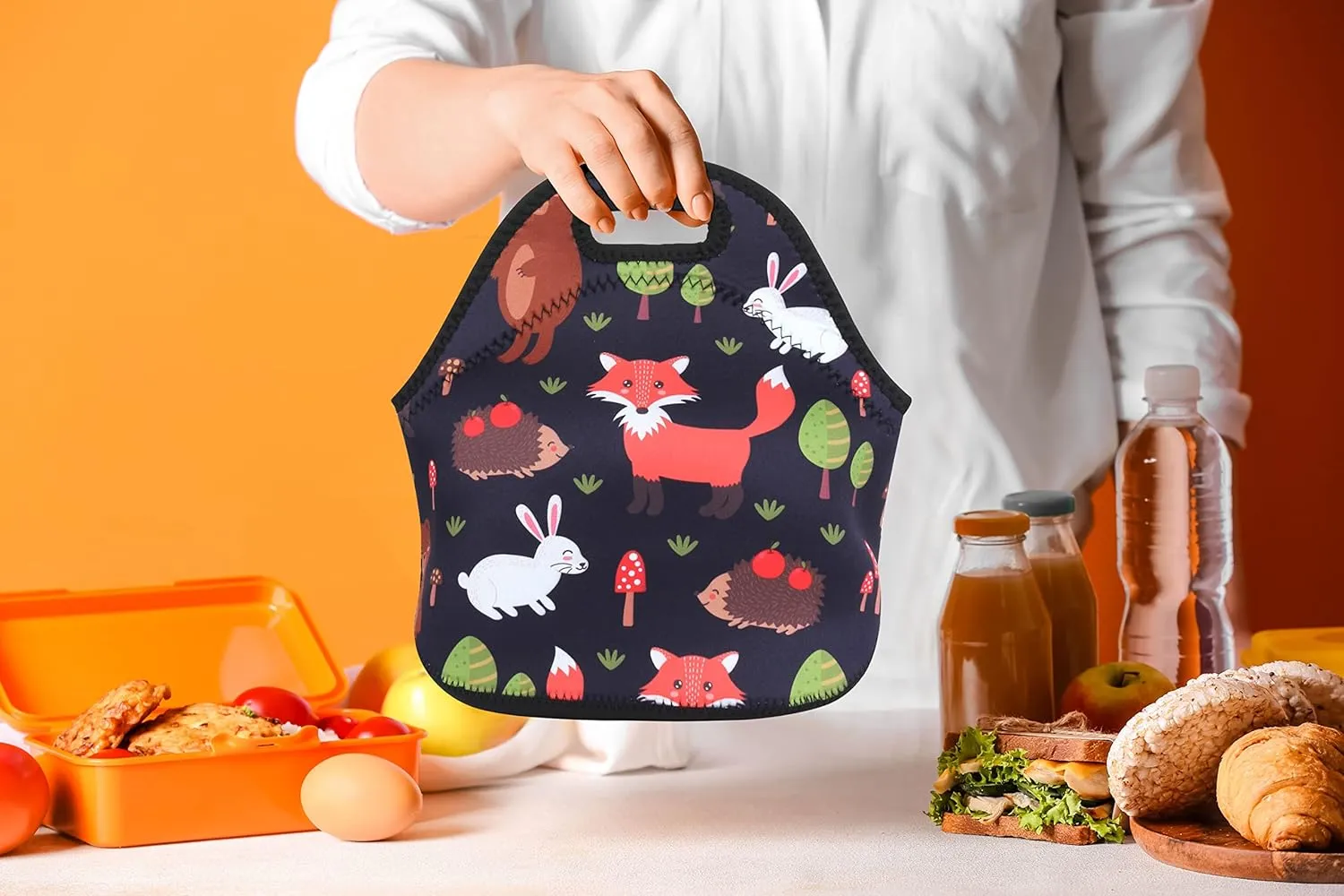 Violet Mist Neoprene Fox Lunch Bag Insulated Waterproof Lunch Bag Tote Cartoon Reusable Lunch Box Containers Food Carrying Lunch Handbag for men Women Work Thanksgiving Christmas Gifts
