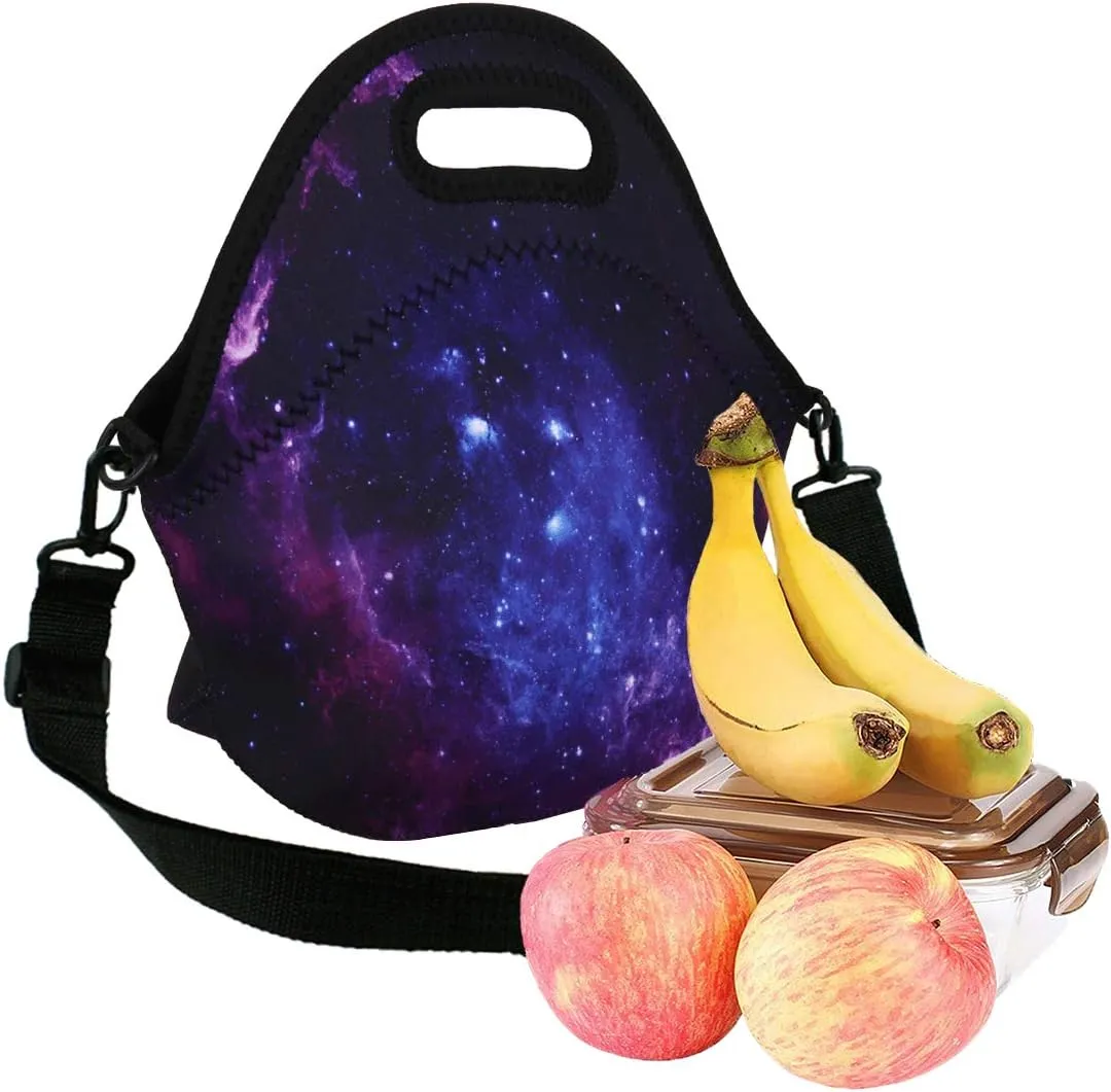 Violet Mist Womens Insulated Neoprene Lunch Bag Cute Galaxy Star Sky Lunch Bag Tote with Detachable Adjustable Shoulder Thermal Cartoon Lunch Box Picnic Food Handbags Containers for Adults Men Women