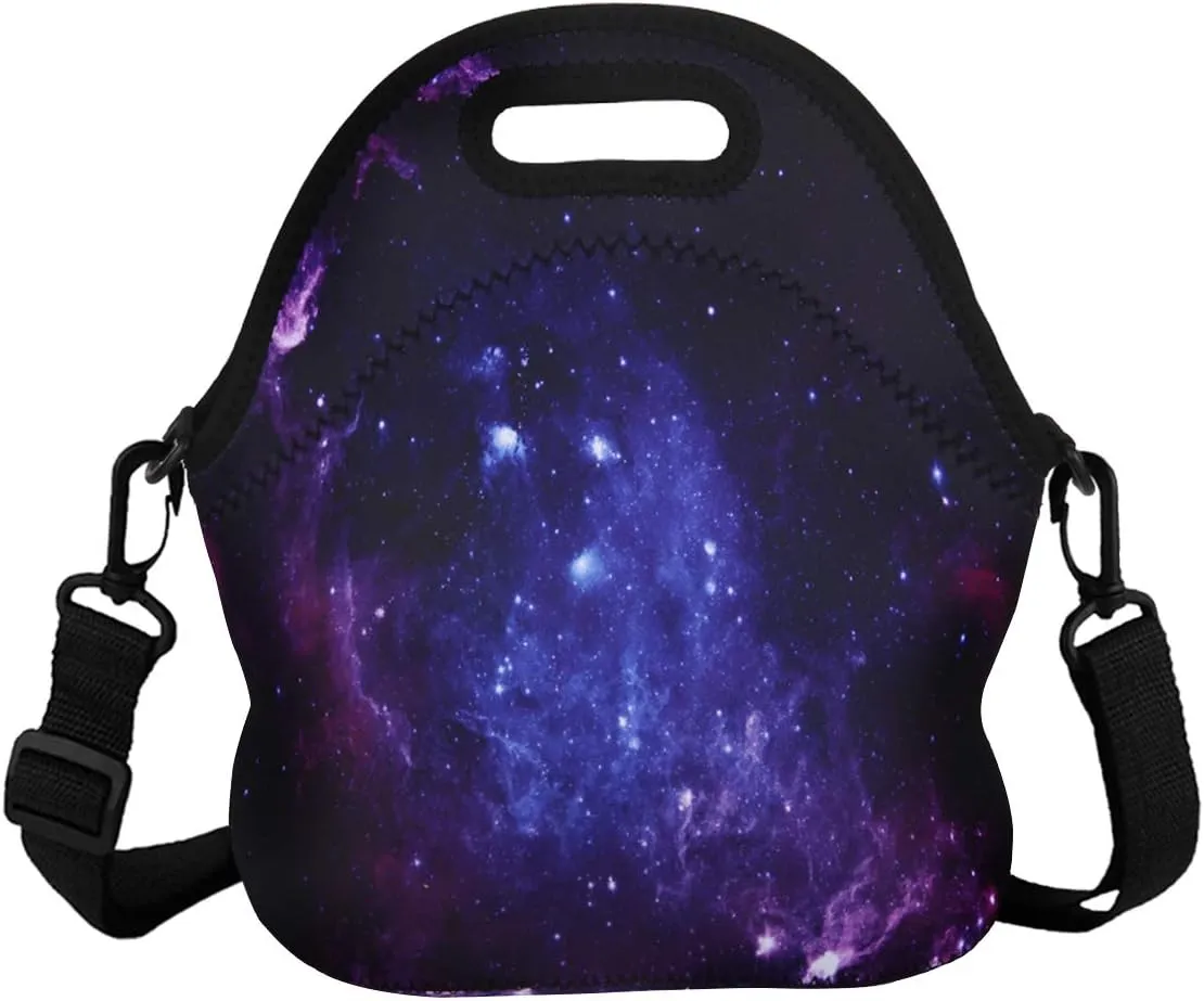 Violet Mist Womens Insulated Neoprene Lunch Bag Cute Galaxy Star Sky Lunch Bag Tote with Detachable Adjustable Shoulder Thermal Cartoon Lunch Box Picnic Food Handbags Containers for Adults Men Women