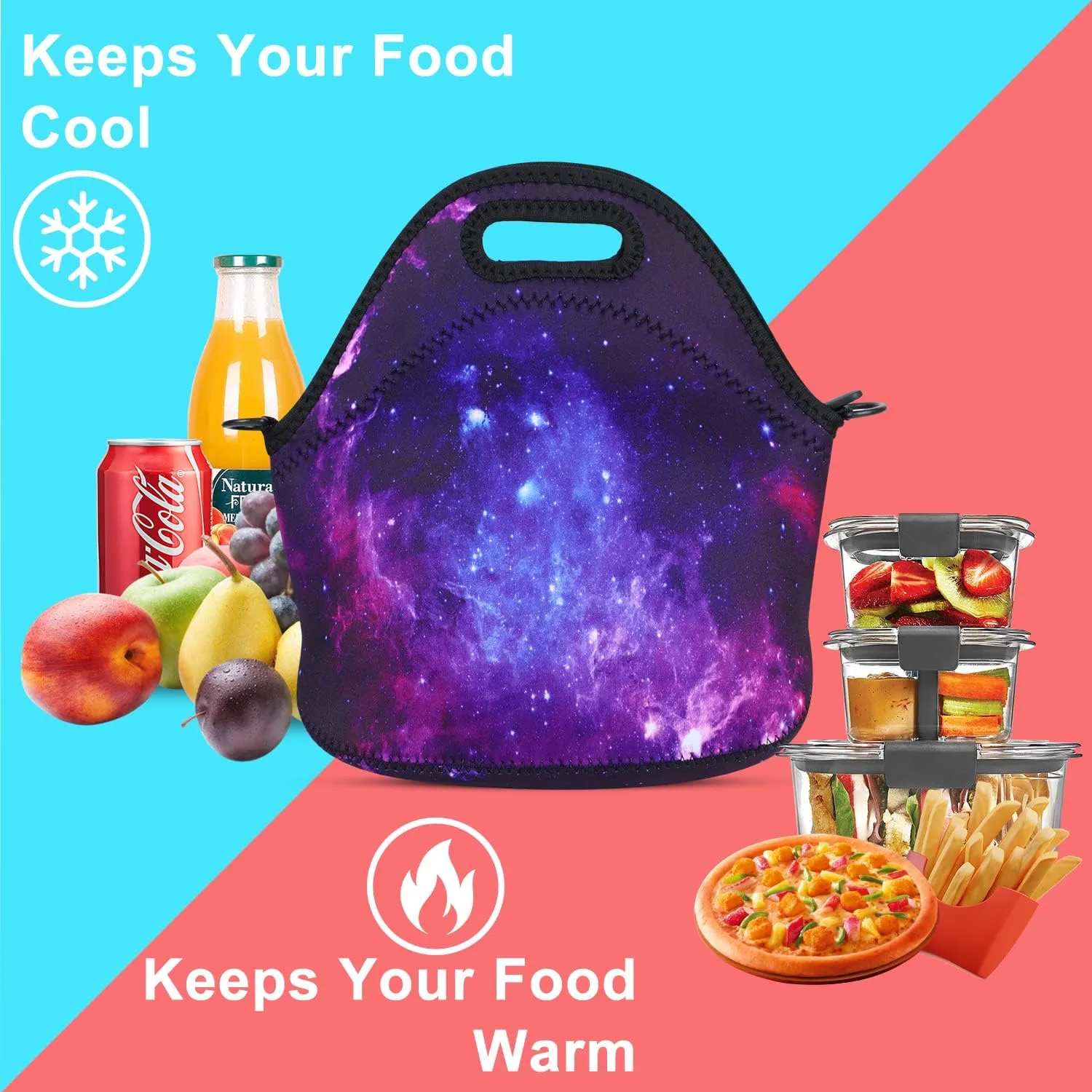 Violet Mist Womens Insulated Neoprene Lunch Bag Cute Galaxy Star Sky Lunch Bag Tote with Detachable Adjustable Shoulder Thermal Cartoon Lunch Box Picnic Food Handbags Containers for Adults Men Women