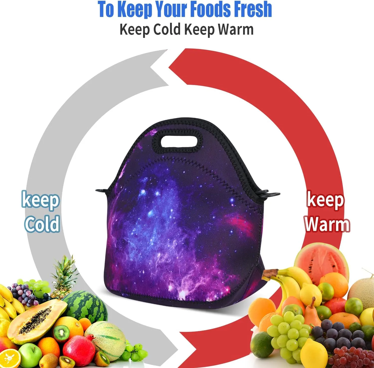 Violet Mist Womens Insulated Neoprene Lunch Bag Cute Galaxy Star Sky Lunch Bag Tote with Detachable Adjustable Shoulder Thermal Cartoon Lunch Box Picnic Food Handbags Containers for Adults Men Women