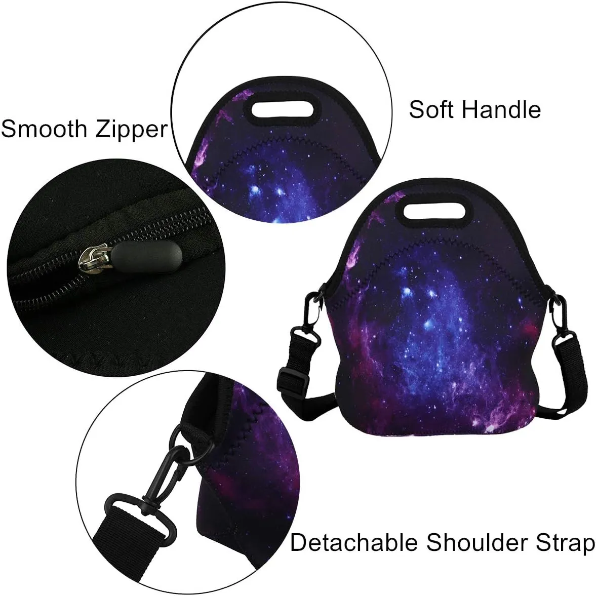 Violet Mist Womens Insulated Neoprene Lunch Bag Cute Galaxy Star Sky Lunch Bag Tote with Detachable Adjustable Shoulder Thermal Cartoon Lunch Box Picnic Food Handbags Containers for Adults Men Women