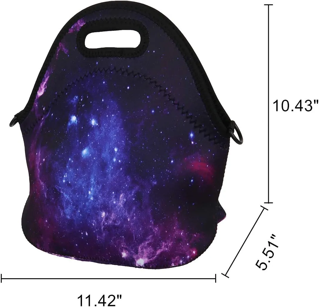 Violet Mist Womens Insulated Neoprene Lunch Bag Cute Galaxy Star Sky Lunch Bag Tote with Detachable Adjustable Shoulder Thermal Cartoon Lunch Box Picnic Food Handbags Containers for Adults Men Women